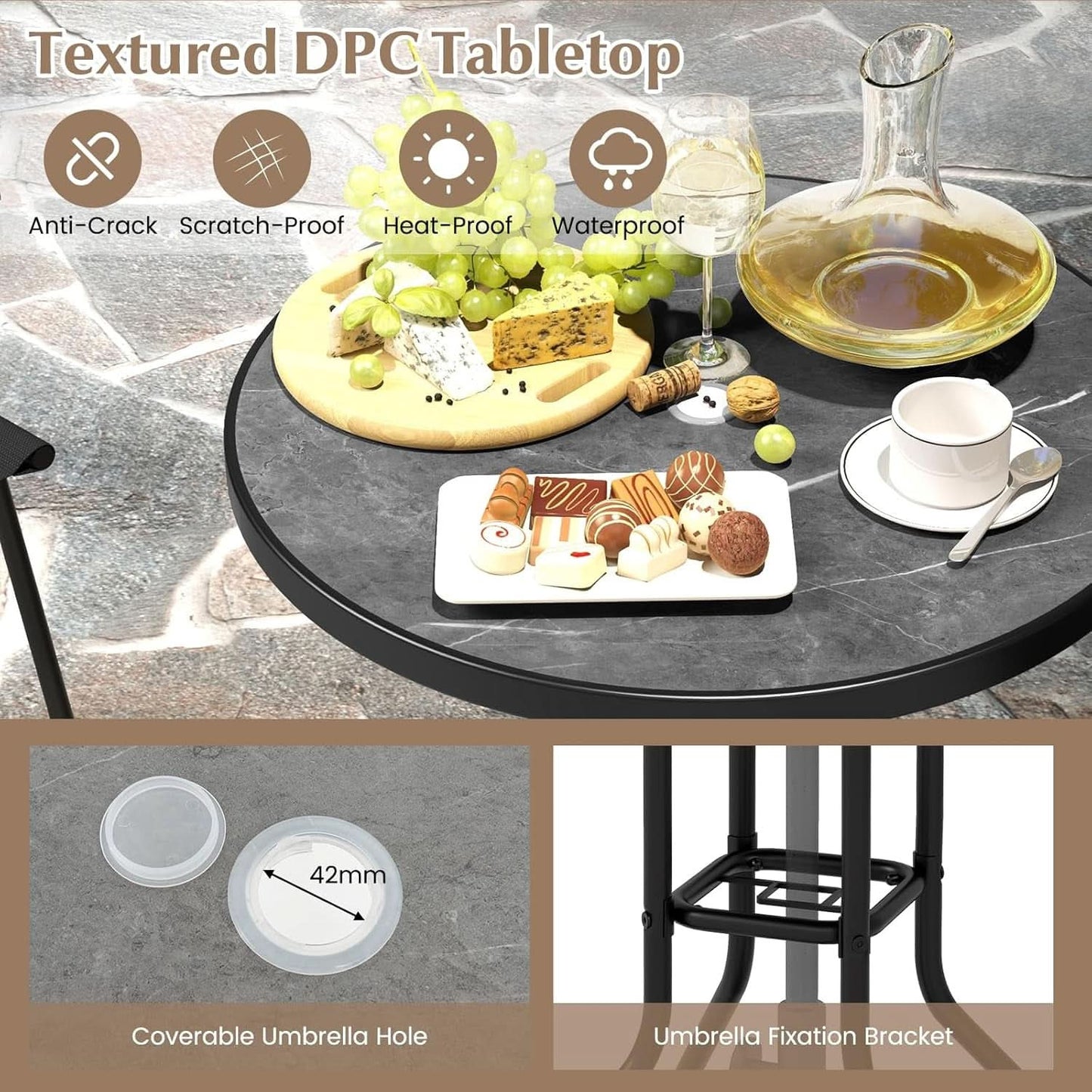 Patio Table And Chairs Set 3 Piece With DPC Tabletop And Folding Counter Height Chairs