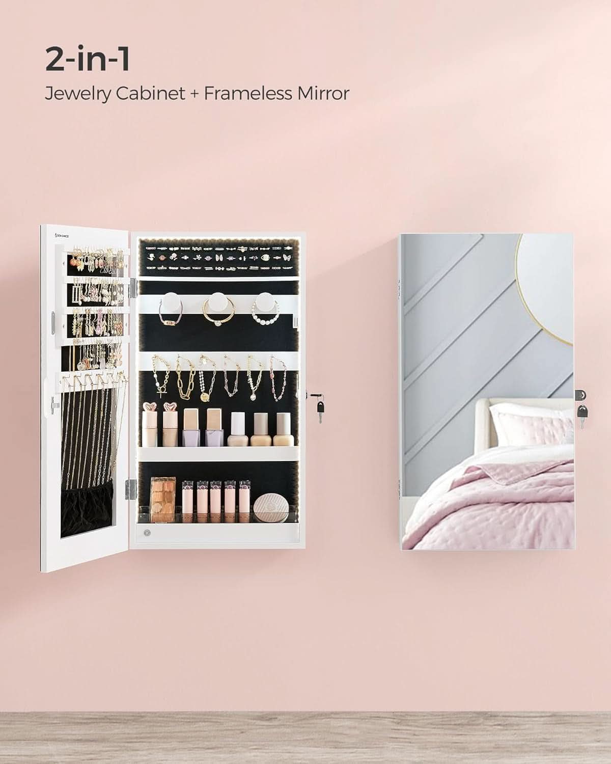 Mirror Jewelry Cabinet Armoire With LED Lights White