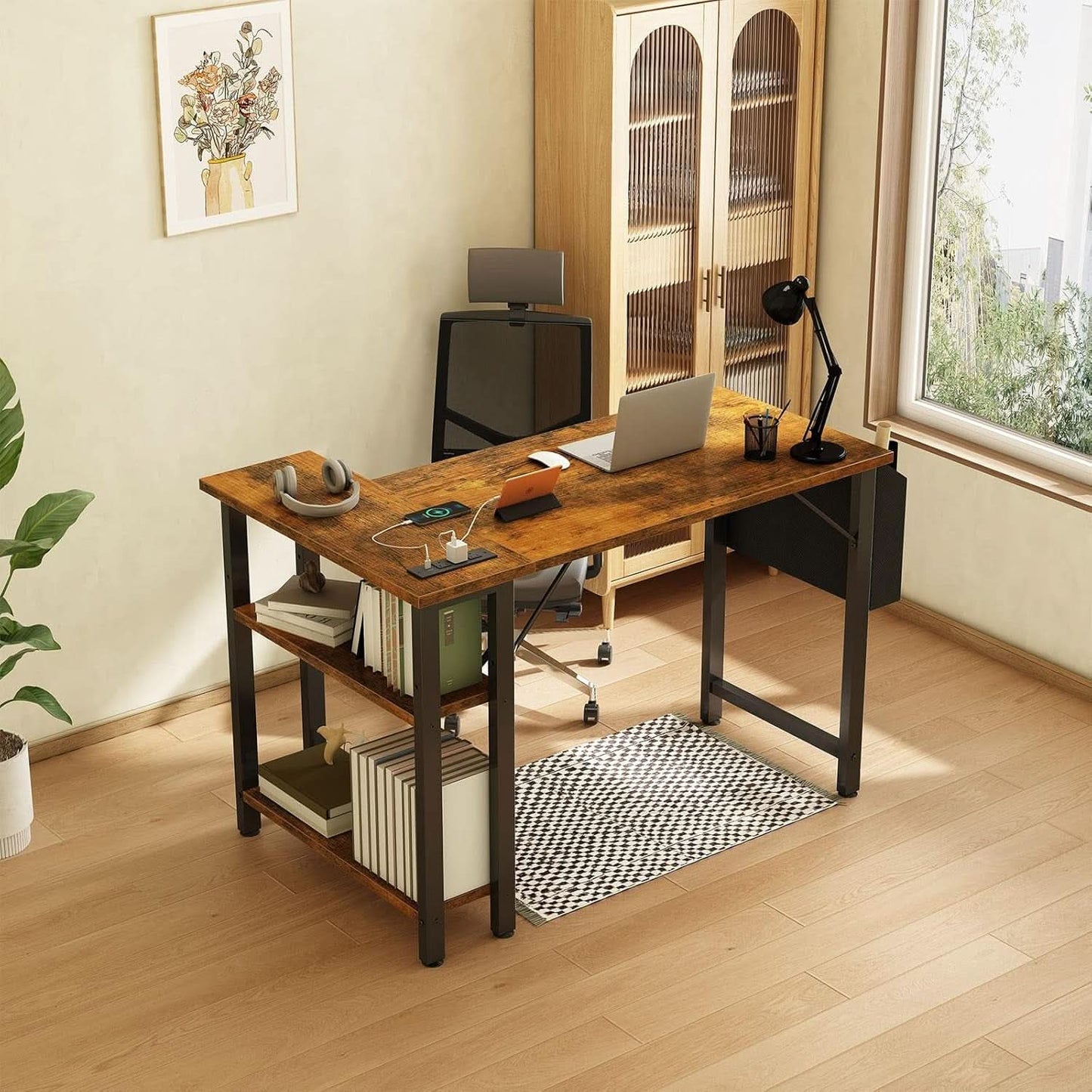 40 Inch L Shaped Desk With Power Outlet And Shelves Rustic Brown