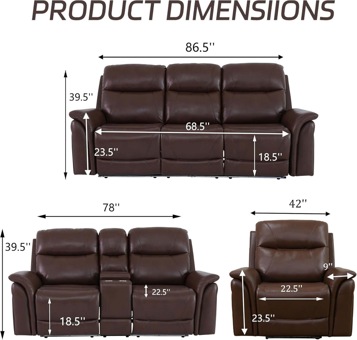Power Recliner Sofa Set With LED Leather 3 Piece Brown Living Room