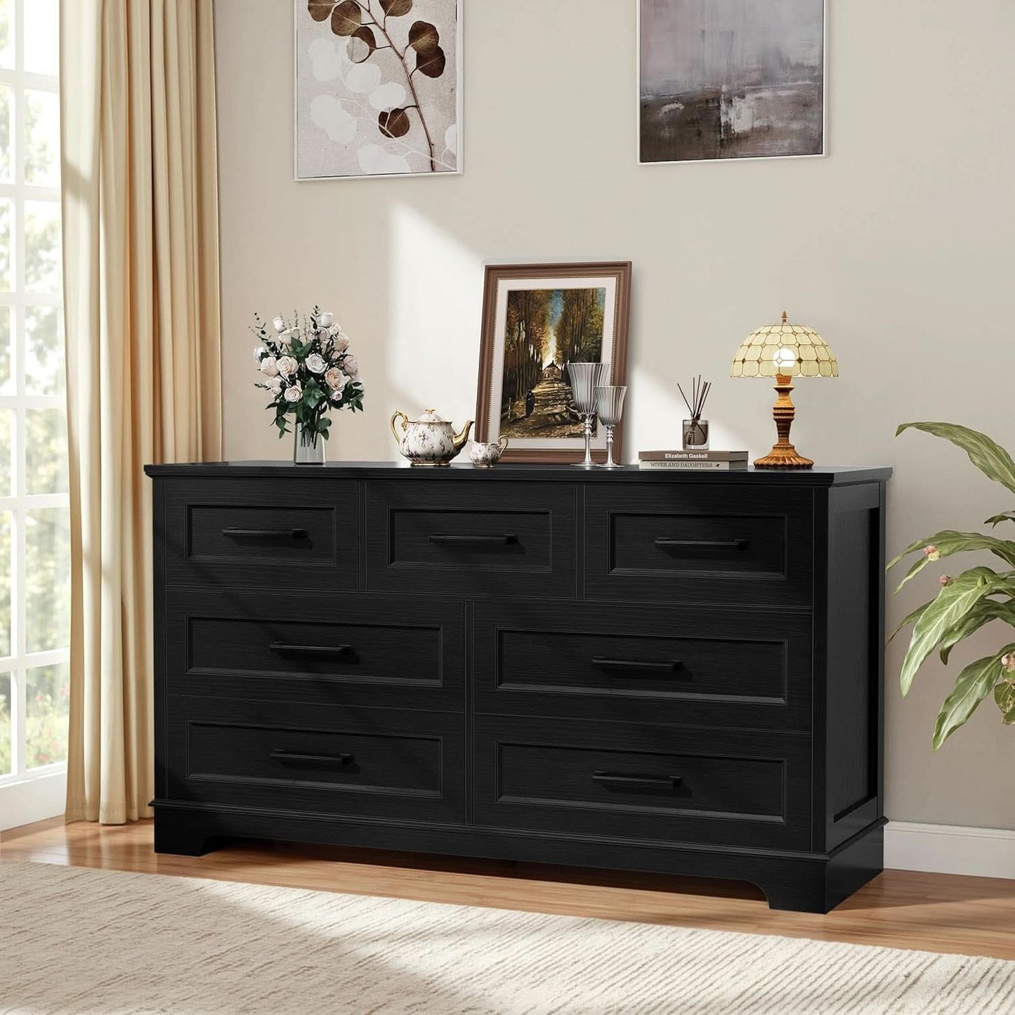 Seven Drawer Dresser For Bedroom Black Finish Storage
