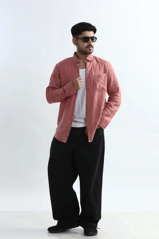 Xkind 100% Pure Linen Soft Peach Button Down Casual Shirt
