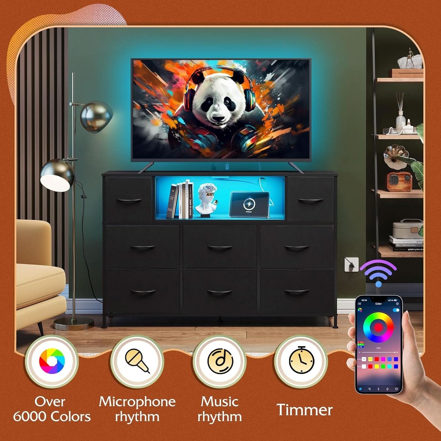 Black Fabric Dresser With Charging Station And LED Lights