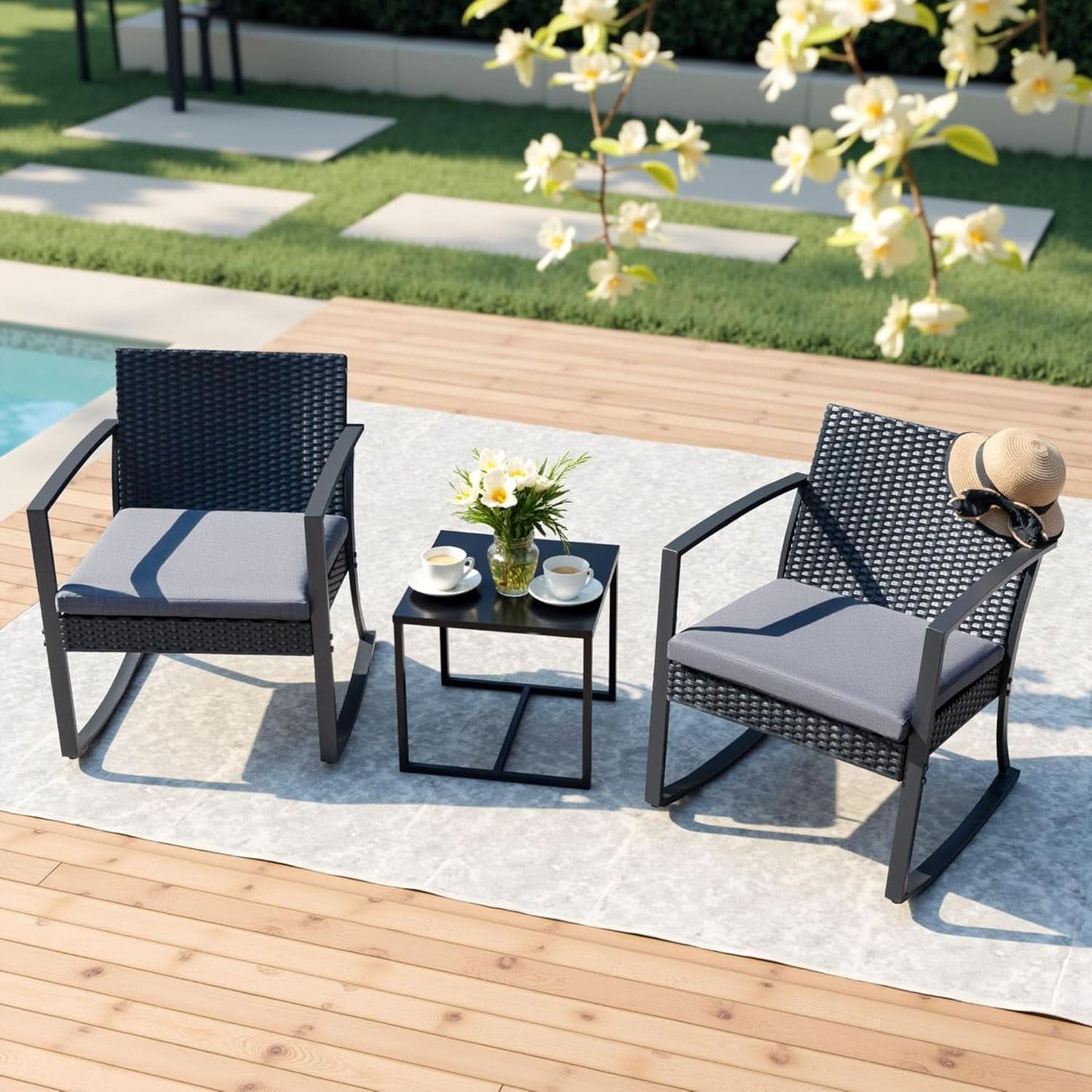 All Weather Outdoor Rocking Chair Set with Cushions