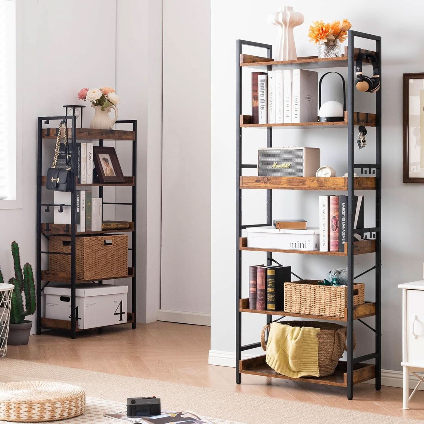 Adjustable Six Tier Industrial Wood Black Metal Bookcase
