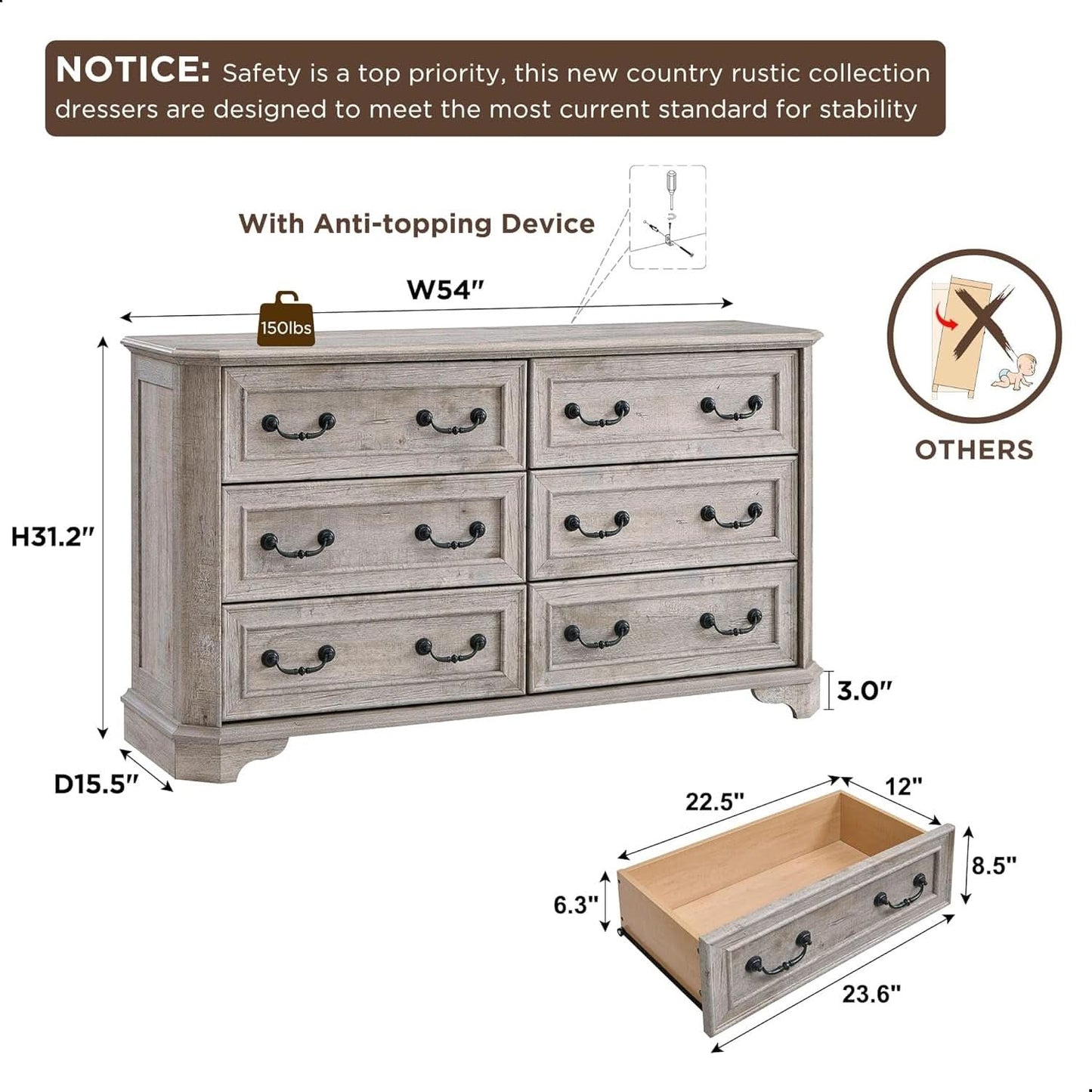 Farmhouse 54 Inch Rustic Dresser With Wood Texture