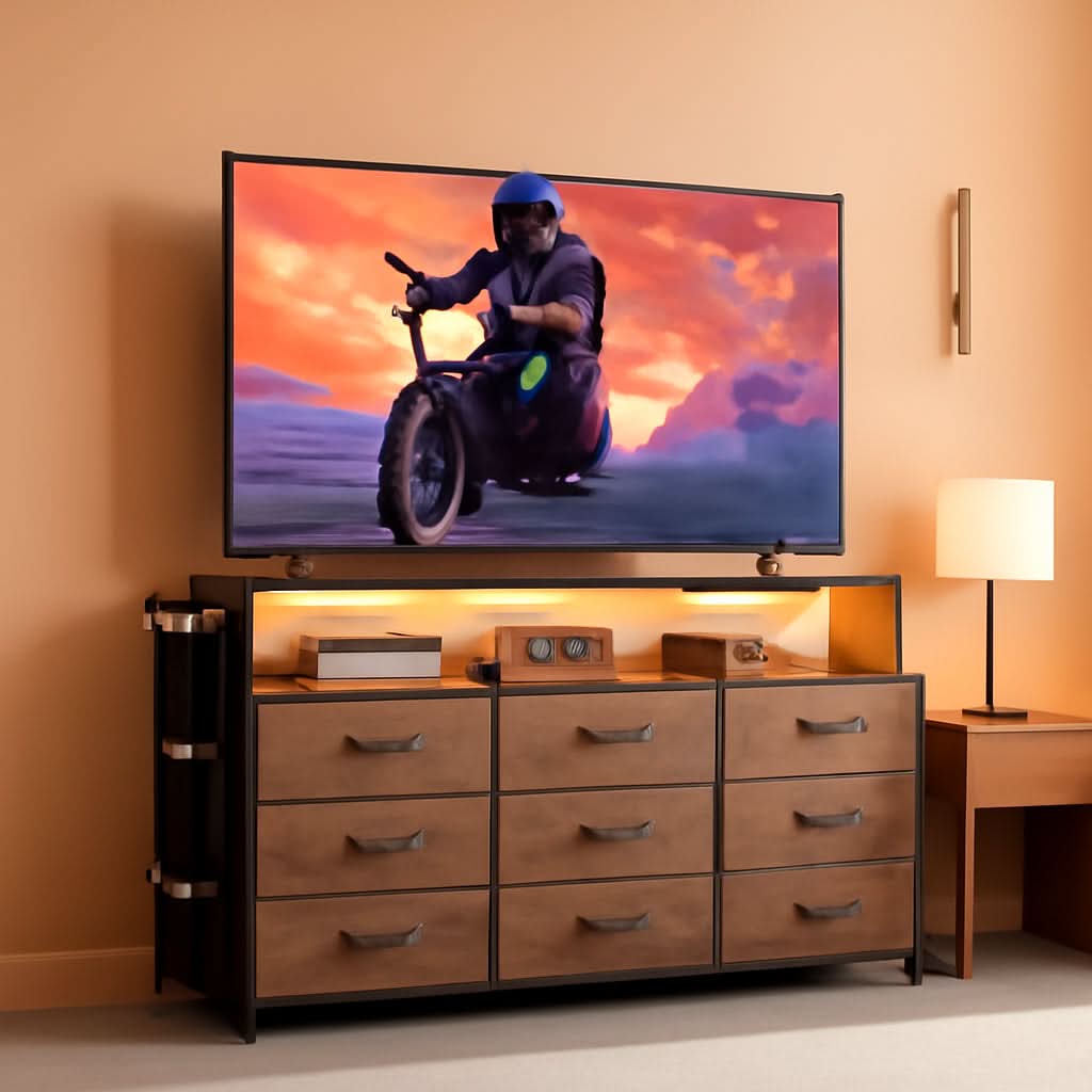 Dresser TV Stand 55 Inch 10 Drawers Rustic Brown Storage