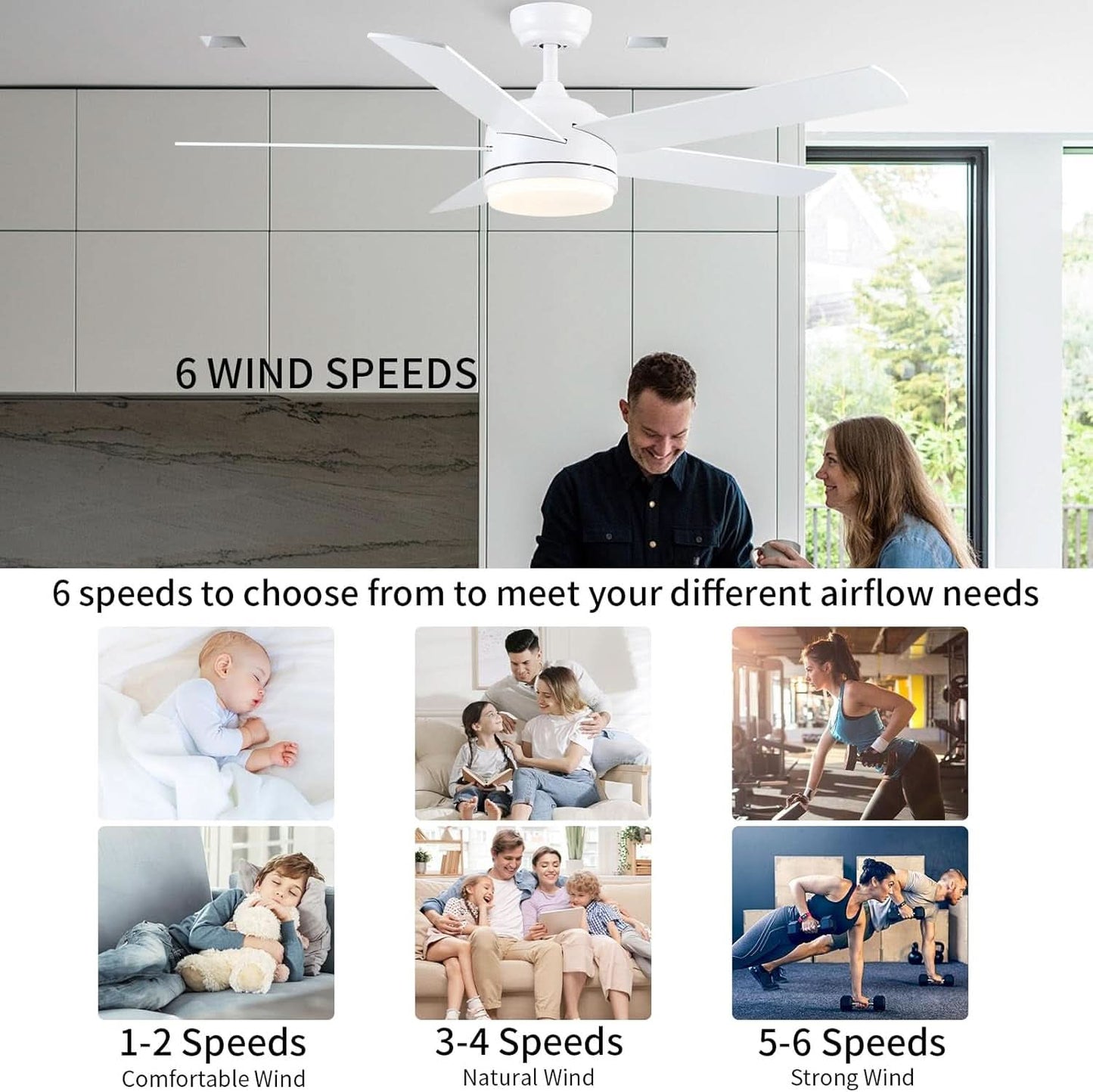 52 Inch White Ceiling Fan With Dimmable LED Lights