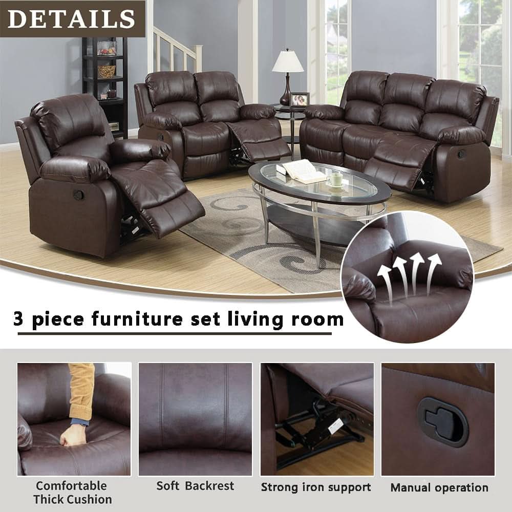 Brown Leather 3 Piece Recliner Sofa Living Room Set