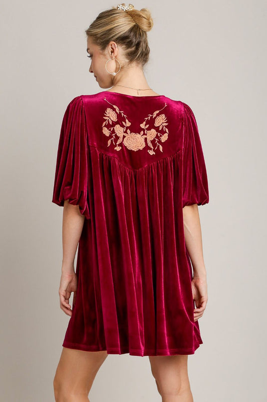 Embroidered Half Sleeve Velvet Mini Dress with Tassel For Women – Luxurious Velvet Dress, Embroidered Tassel Mini Dress, Elegant Party Dress