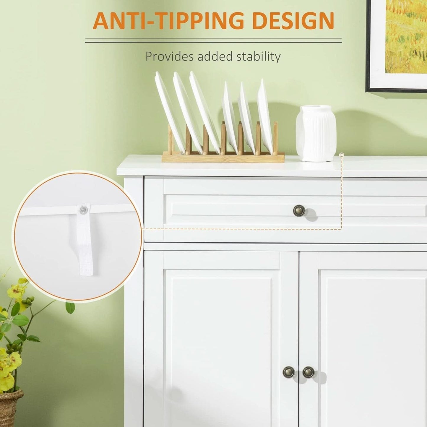 White Sideboard Buffet Cabinet With 2 Drawers And Shelves