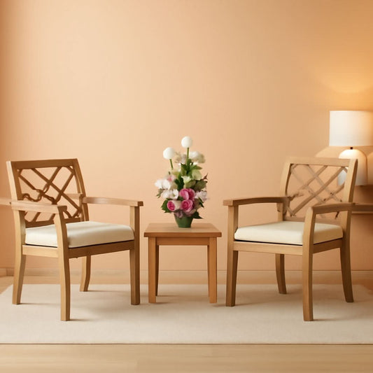 3 Piece Outdoor Patio Furniture Set Acacia Wood Cushioned Chairs And Coffee Table