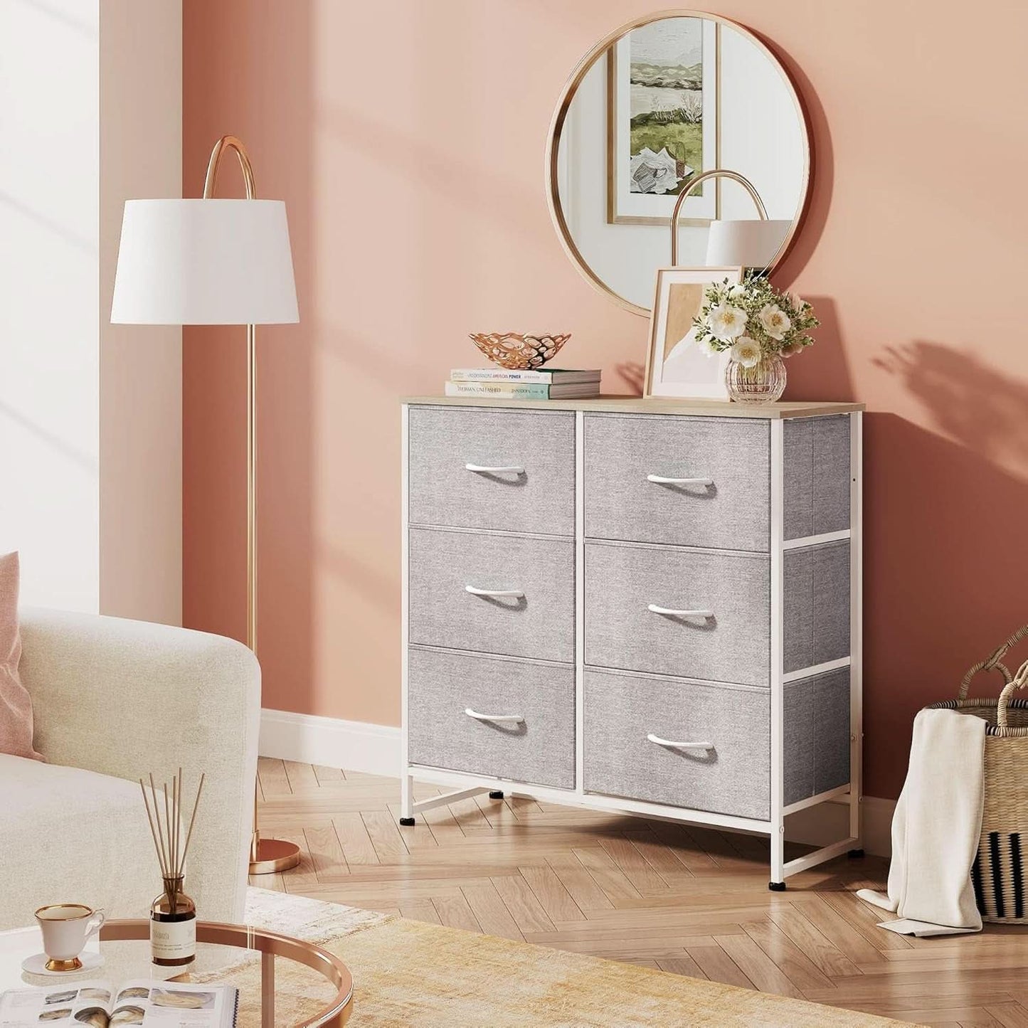 Light Grey Fabric Dresser With 6 Drawers And Fabric Bins