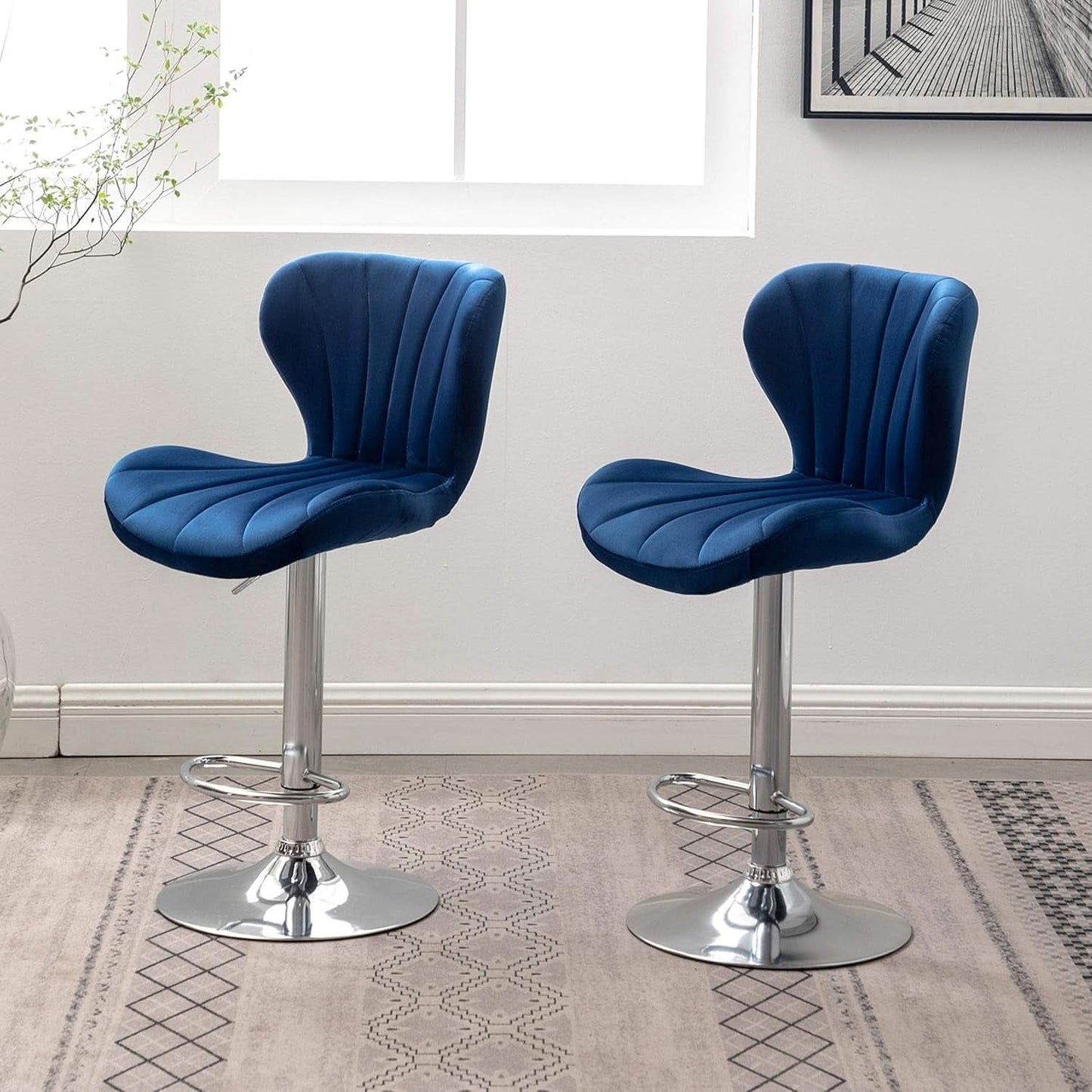 Blue Velvet Adjustable Swivel Bar Stools Set of 2 Modern