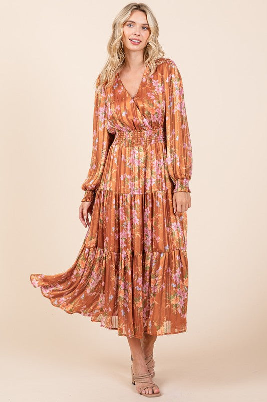 Flower Print Satin Lurex Stripe Smocked Midi Summer Dress – Elegant Midi Dress, Satin Lurex Dress, Floral Dress, Smocked Waist Dress, Romantic Midi Dress, Special Occasion Dress