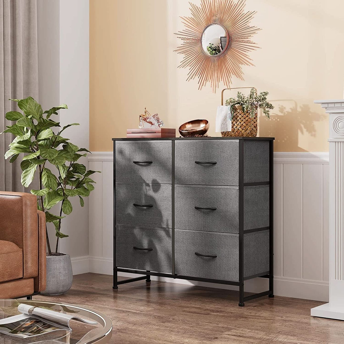 Six Drawer Dark Grey Fabric Dresser For Bedroom Storage