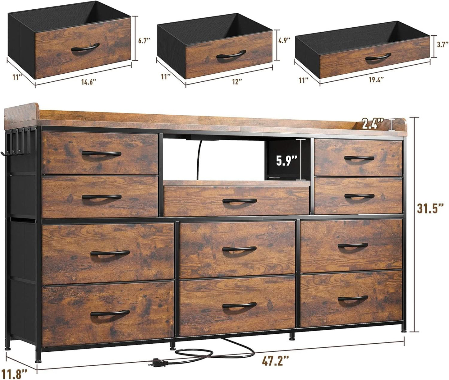Dresser With 11 Drawers And LED Lights For Bedroom