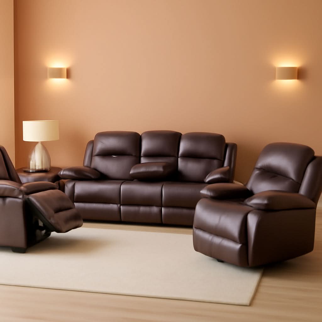 Brown Faux Leather Reclining Living Room Set Sofa Loveseat Chair
