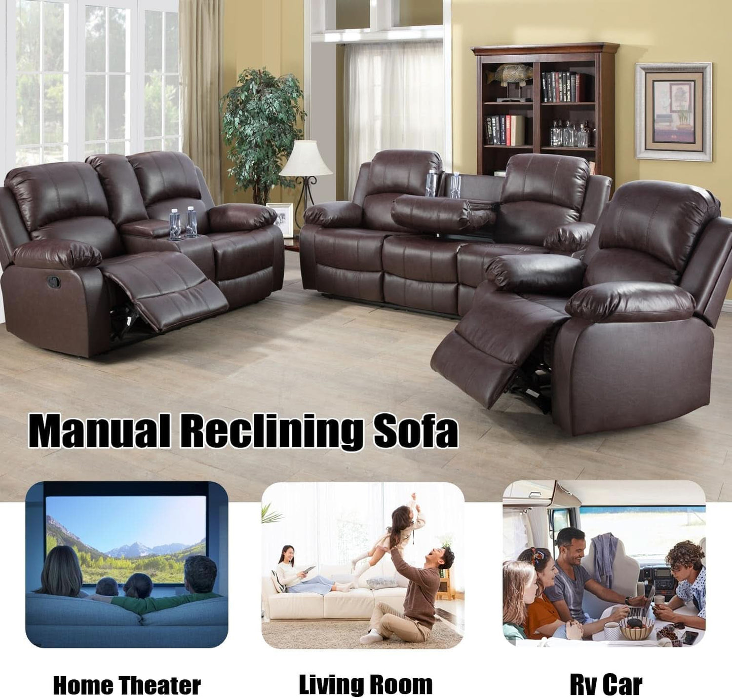 Brown Faux Leather Reclining Living Room Set Sofa Loveseat Chair
