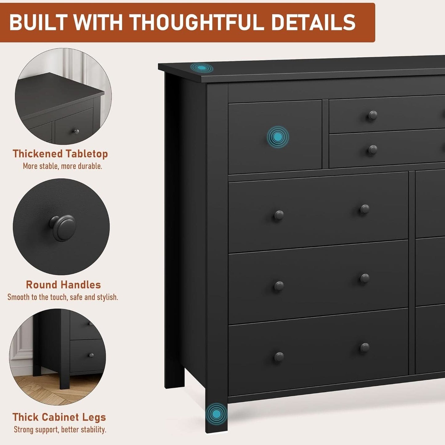 Ten Drawer Premium Hardwood Dresser Walnut Finishing