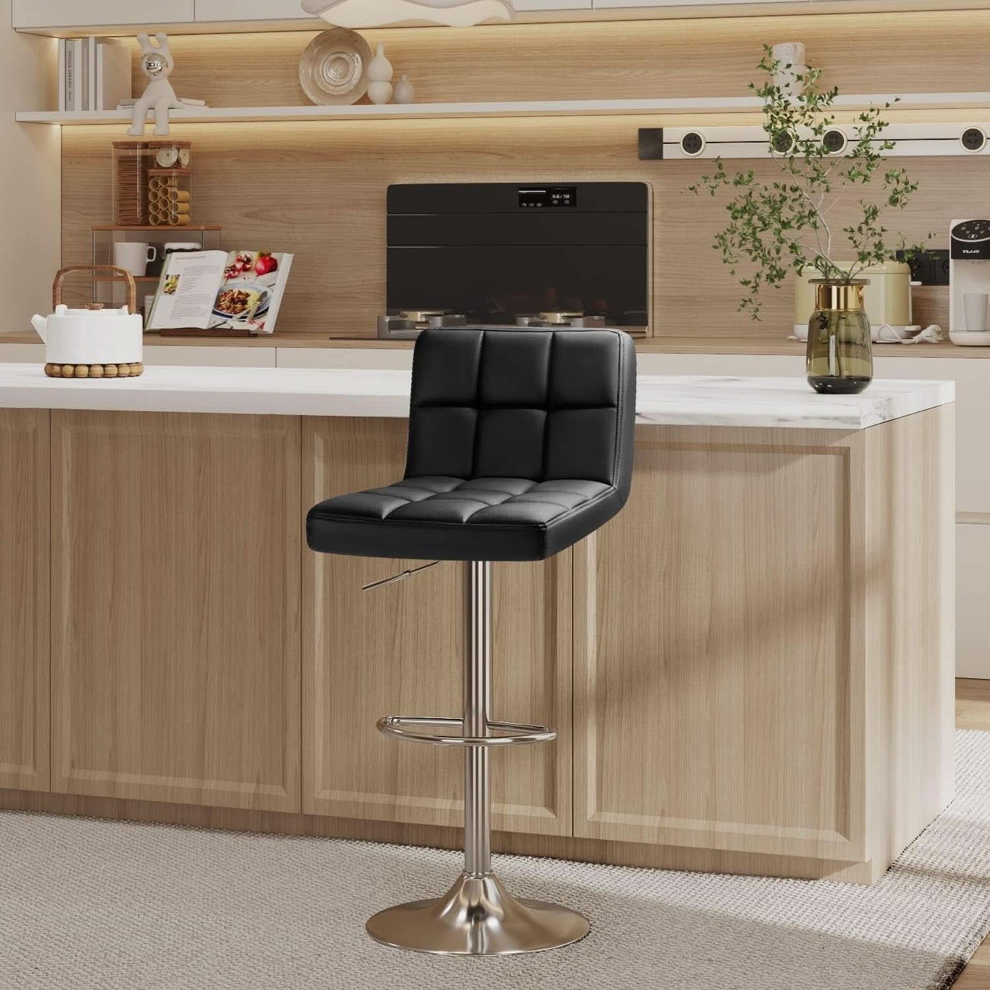 Bar Stools Set Of 2 Black PU Leather Swivel Adjustable Counter Height