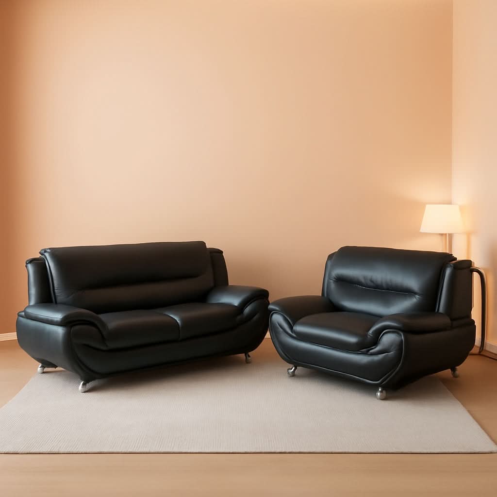 Black Faux Leather Sofa Loveseat 2 Piece Living Room Set