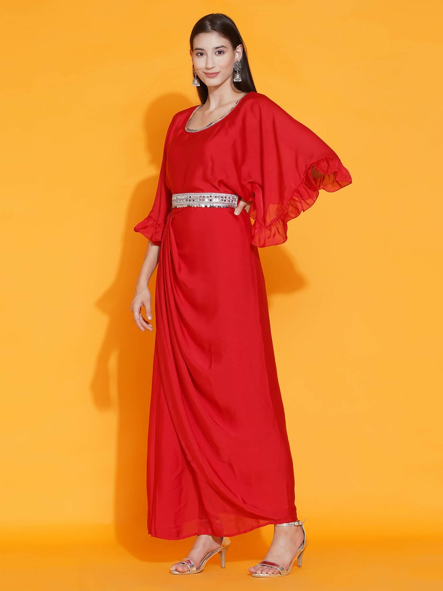 Women Republic Red Georgette Gown With Embellished Belt