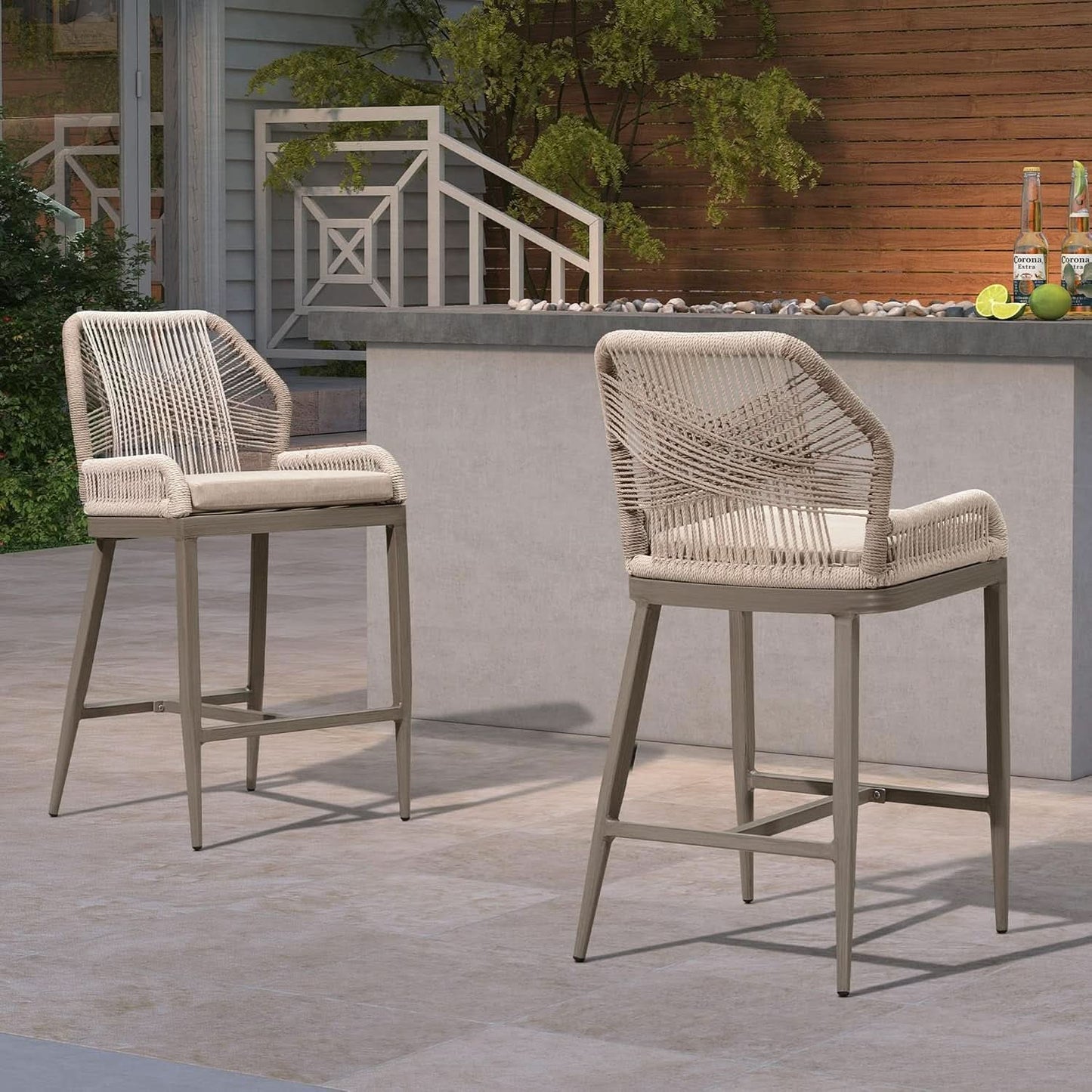 Counter Height Bar Stools Set Of 4 Woven Aluminum With Back And Arms