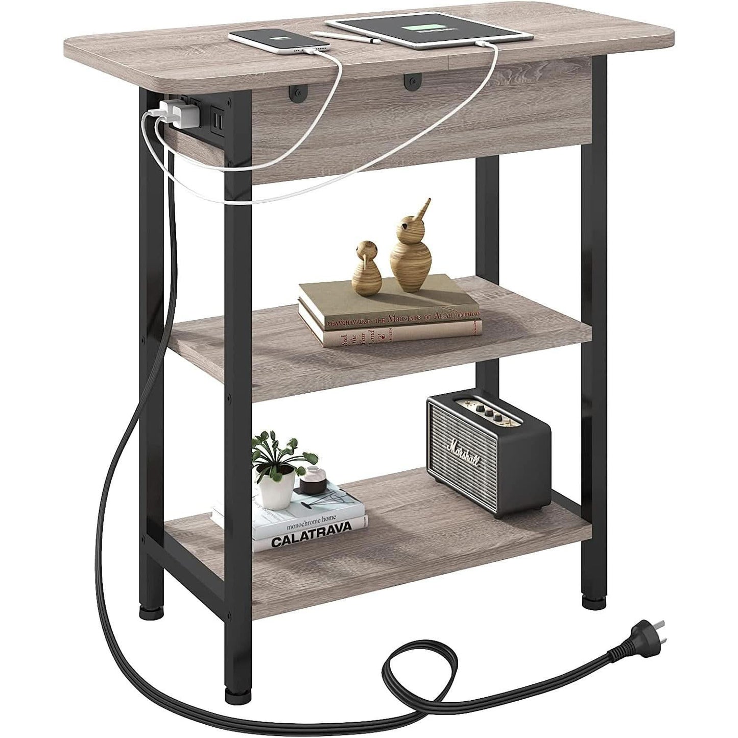 End Table With Vertical Charging Station And USB Outlets Greige
