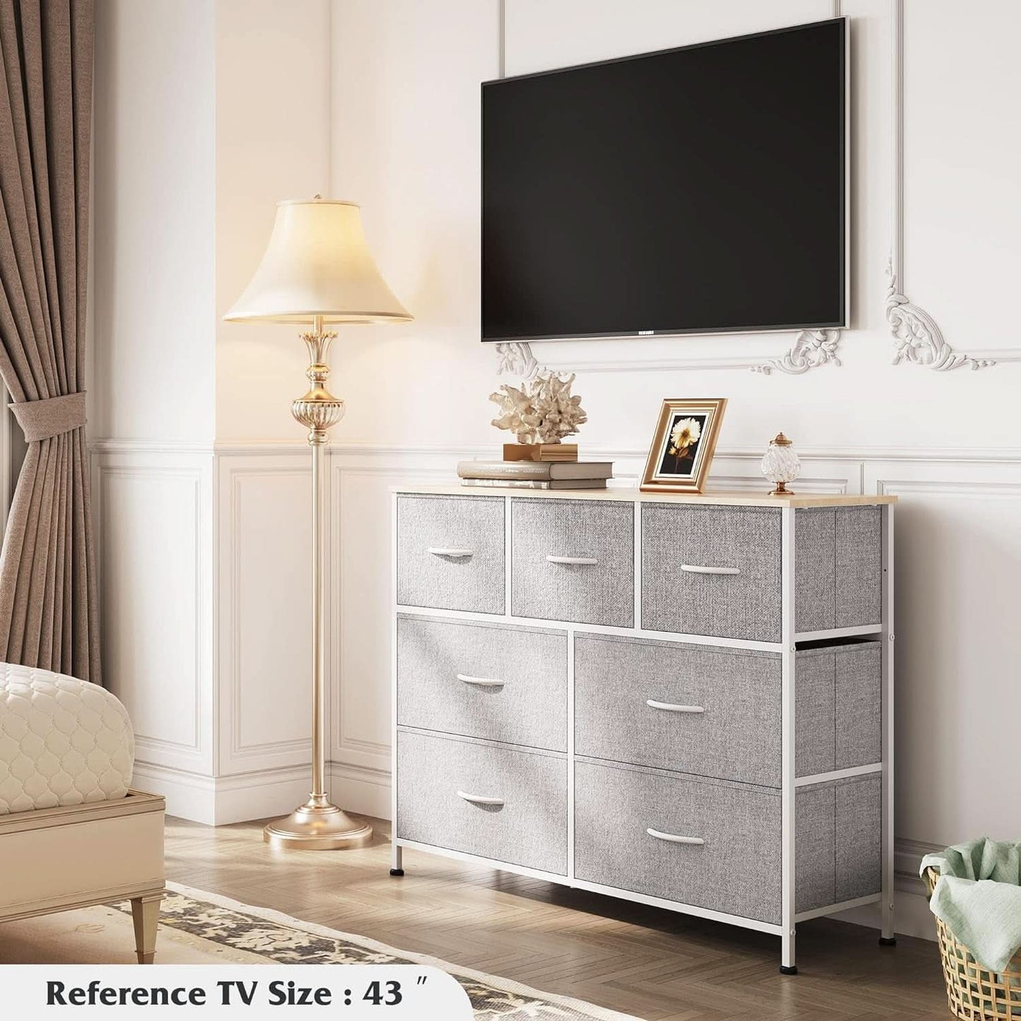 Light Grey Dresser TV Stand 45 Inch TV With Fabric Drawers