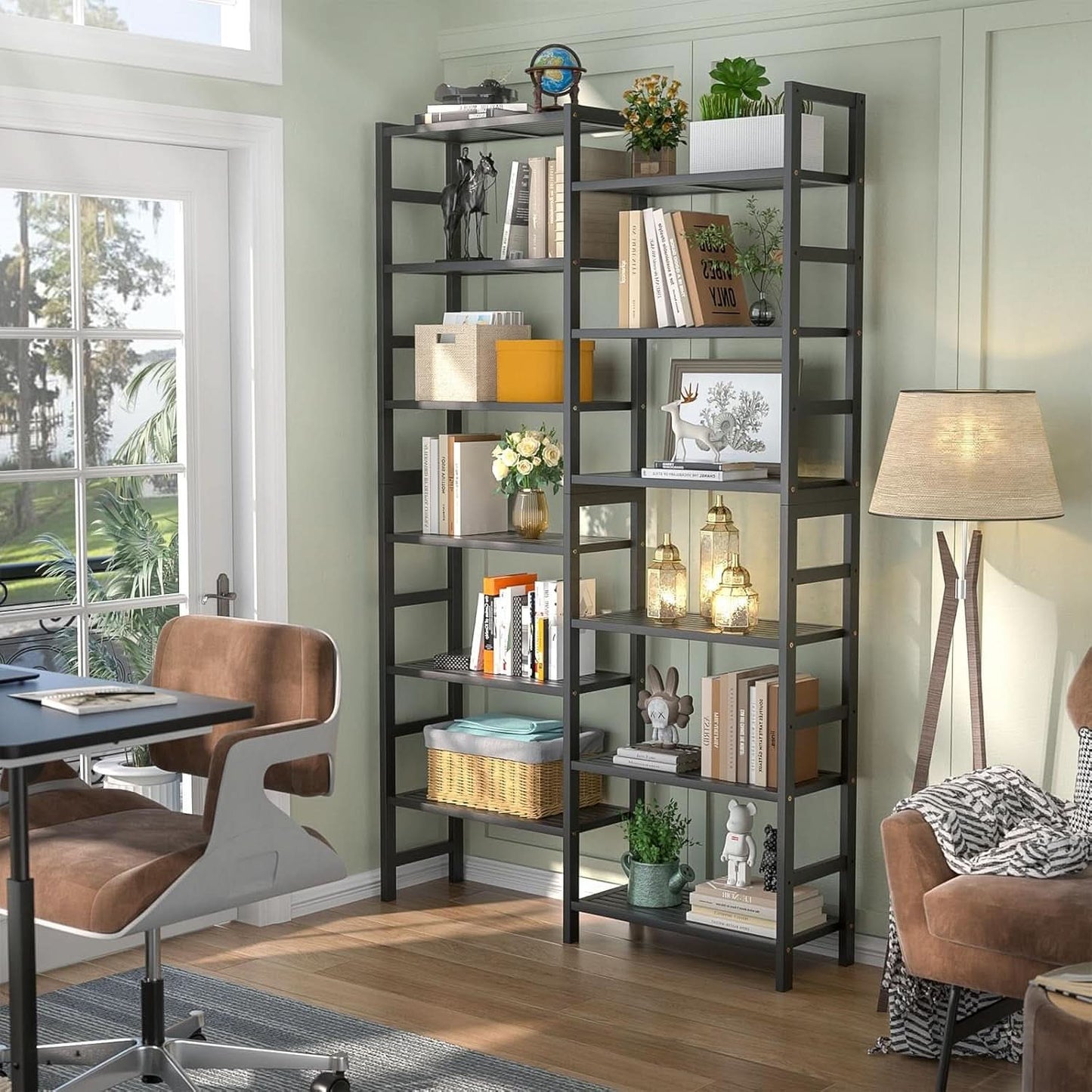 Double Wide Black Bookshelf Freestanding 6 Feet Tall
