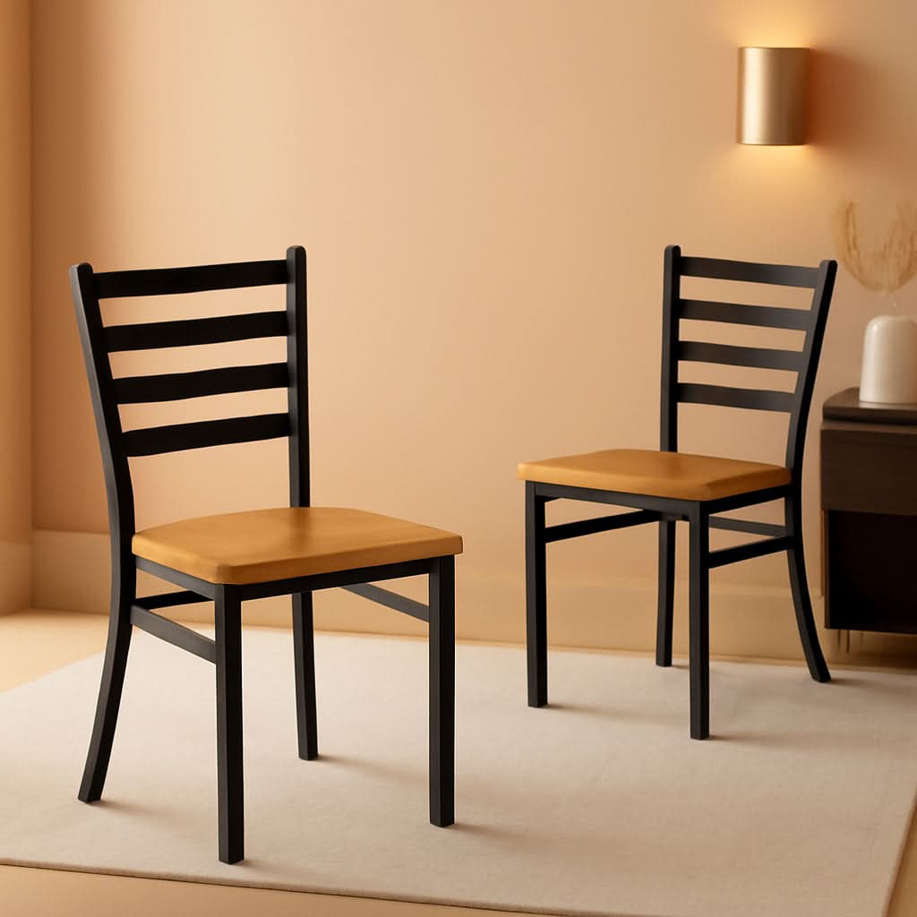 Hercules Series Black Ladder Back Metal Dining Chair Set of 2 With Natural Wood Seat