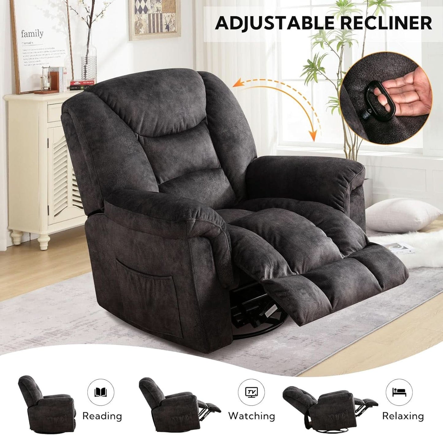 Oversized Swivel Recliner With Extra Wide Seat For Big And Tall