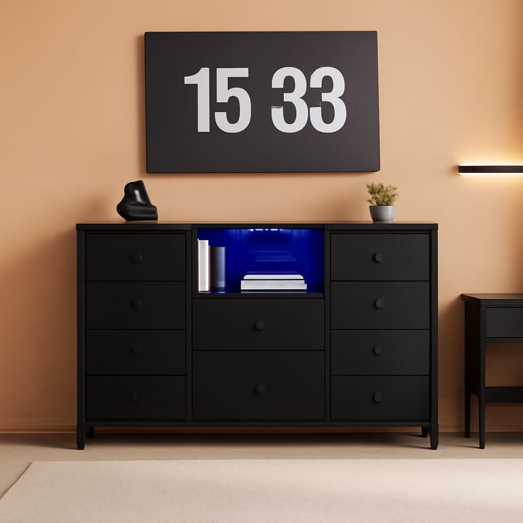 Black Dresser With Charging Station And LED Lights