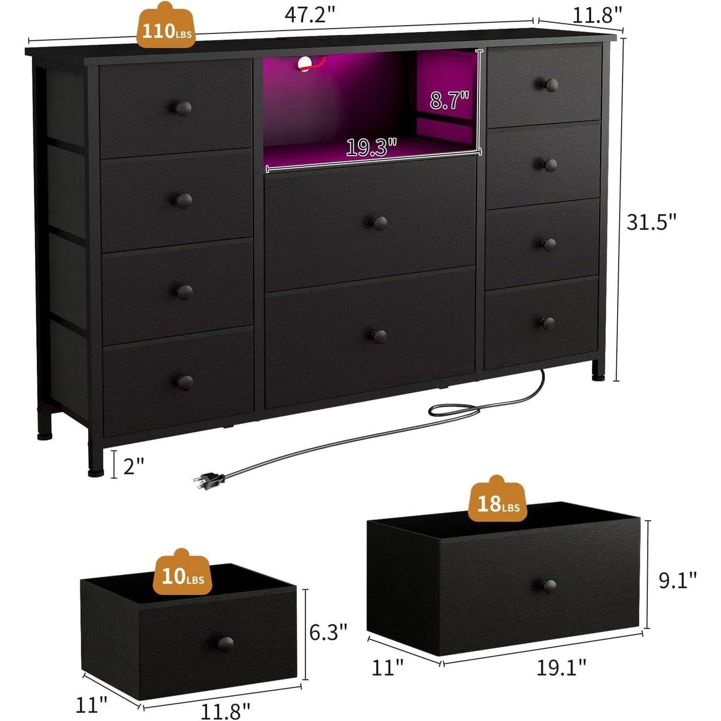 Black Dresser With Charging Station And LED Lights