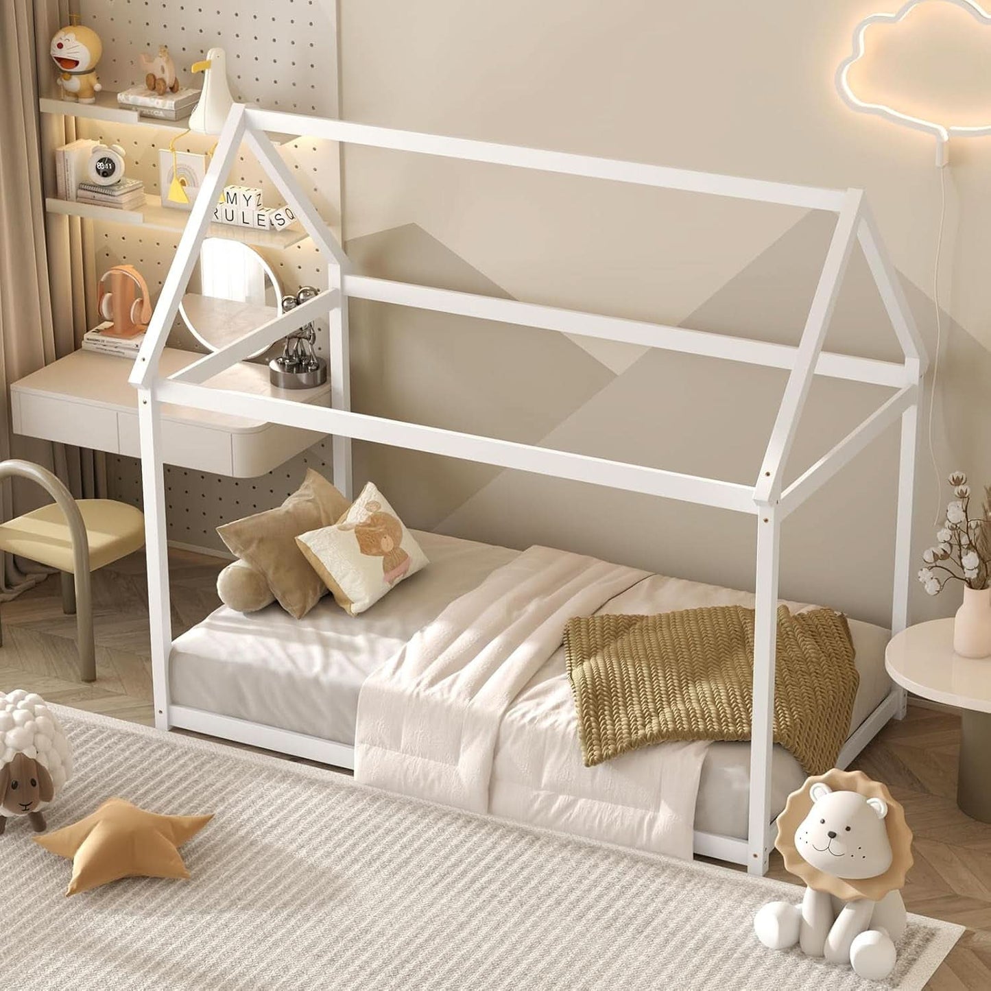 Twin House Bed Frame With Roof Canopy Montessori For Kids