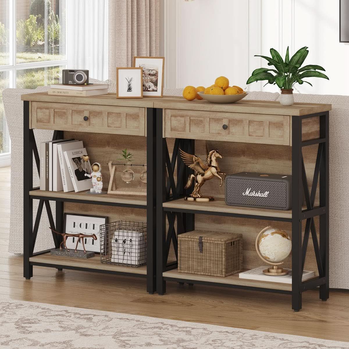 Rustic Oak 3 Tier Bookshelf With Drawer Industrial Wood And Metal Bookcase