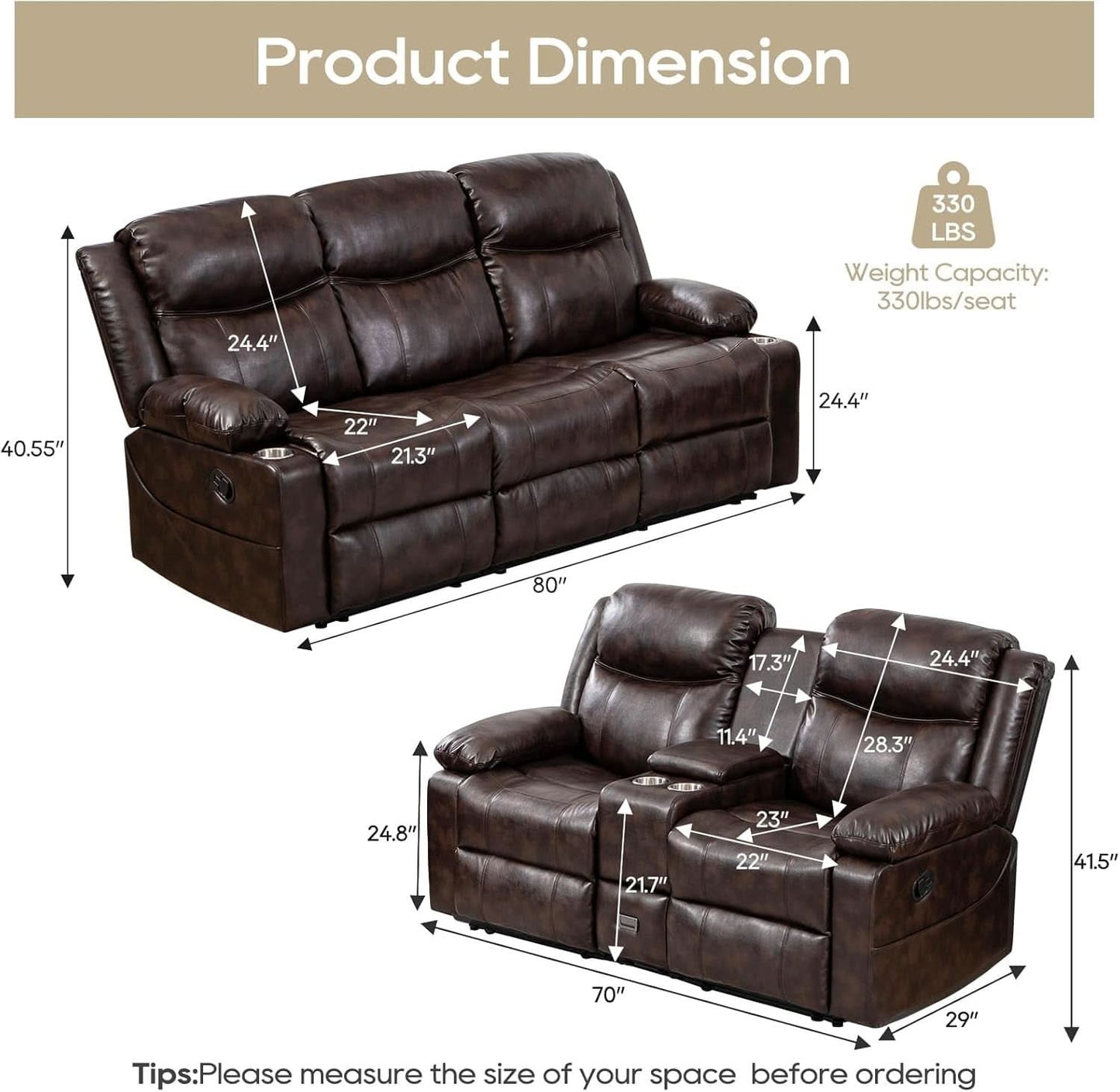 Brown Recliner Sofa Set With Massage And Heat 2 Piece