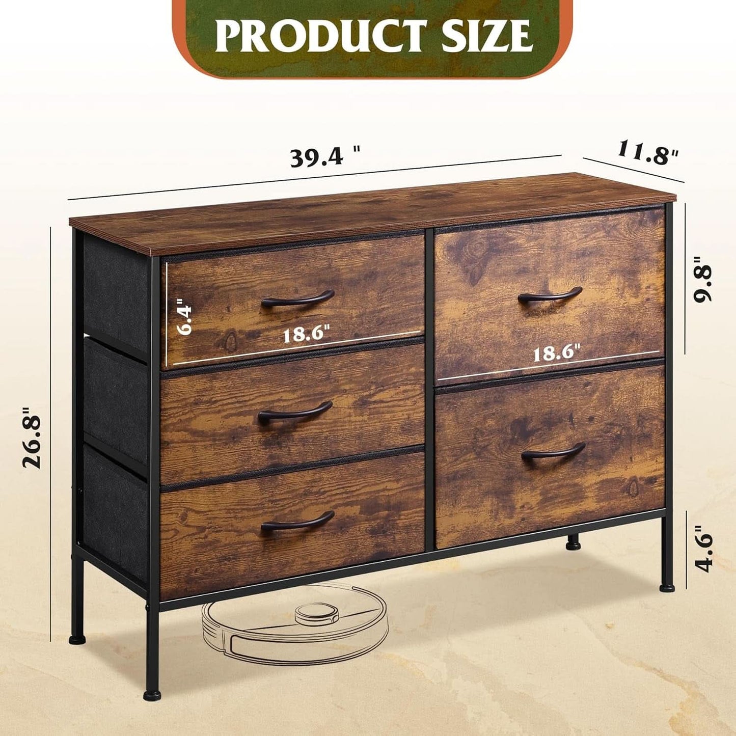 Rustic Brown Wood Grain 5 Drawer Dresser For Bedroom