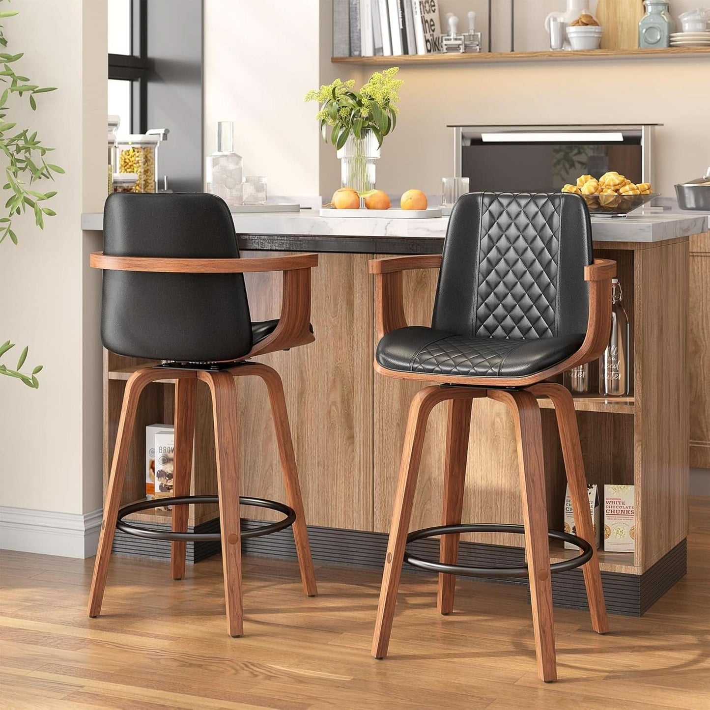 Set Of 3 26 Inch Bar Stools Black PU Leather Upholstery