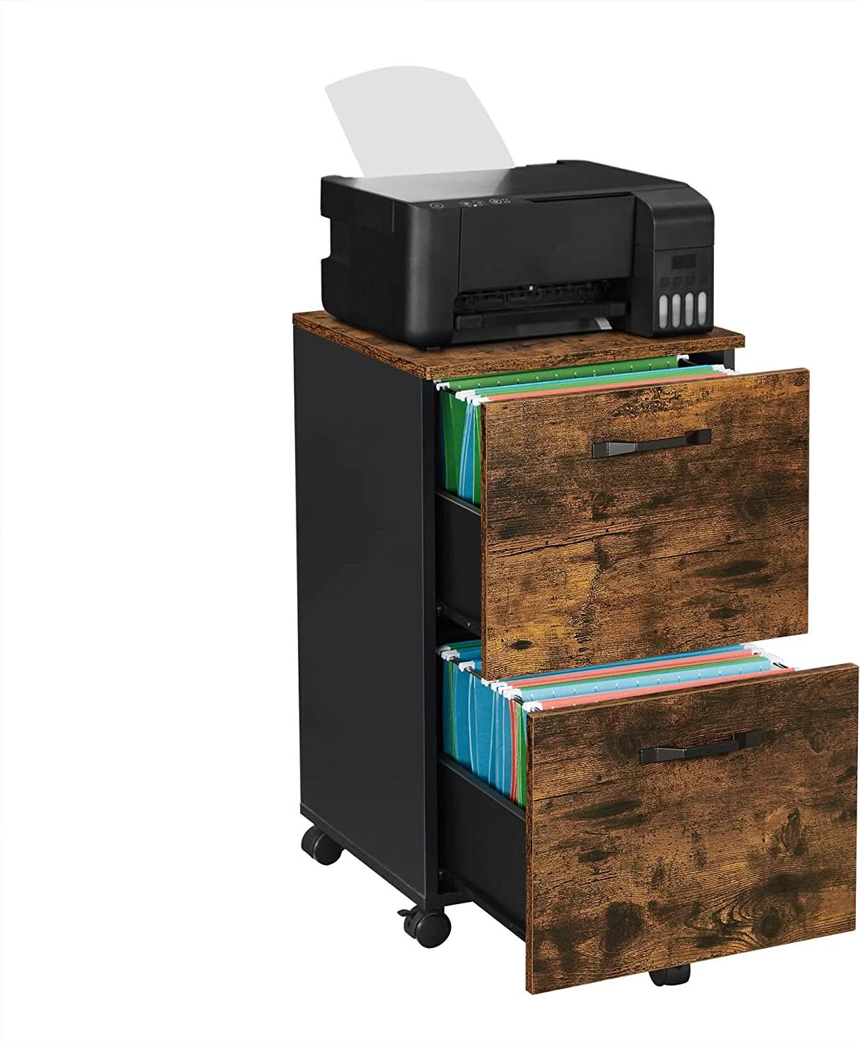 Two Drawer File Cabinet For Home Office Rolling Rustic Brown And Black Fits A4 And Letter Files