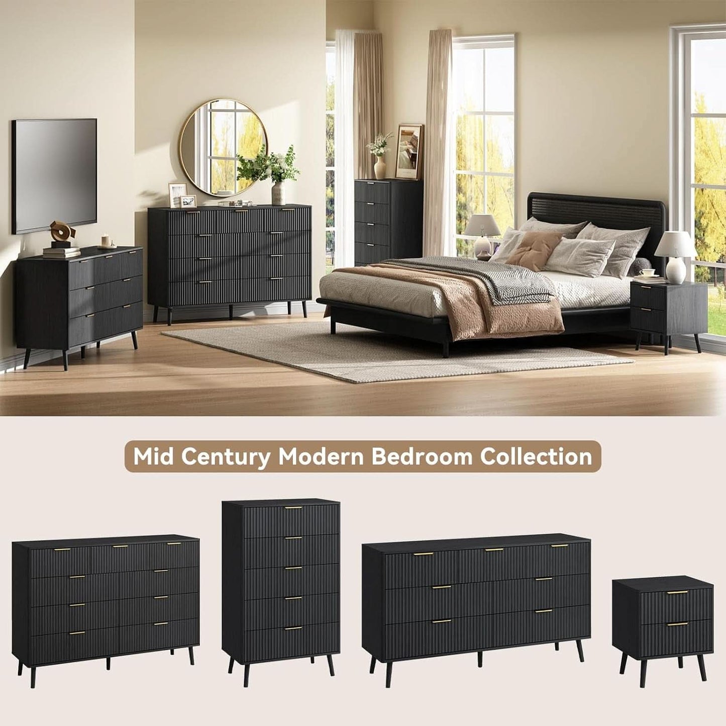 Fluted Nine Drawer Dresser 55 Inch Matte Black With Gold Handles