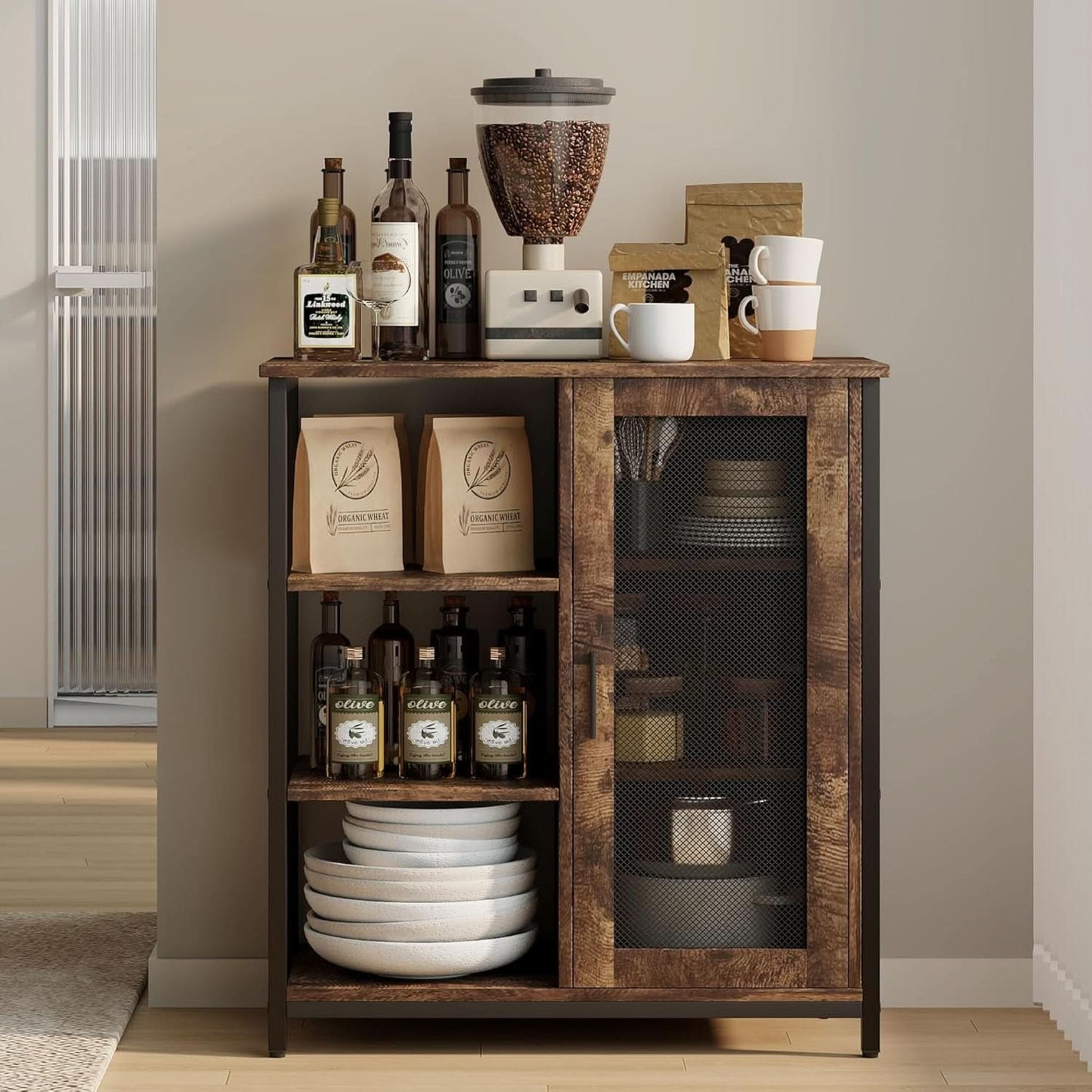 Mini Coffee Bar Cabinet 27.5 Inch Brown Finish Storage Unit