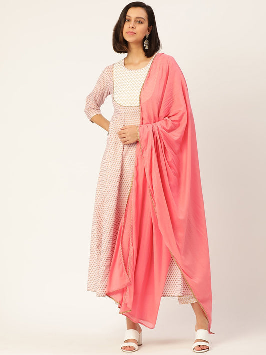 HERE&NOW Women Cream-Coloured Pleated Kurti with Trousers & With Dupatta