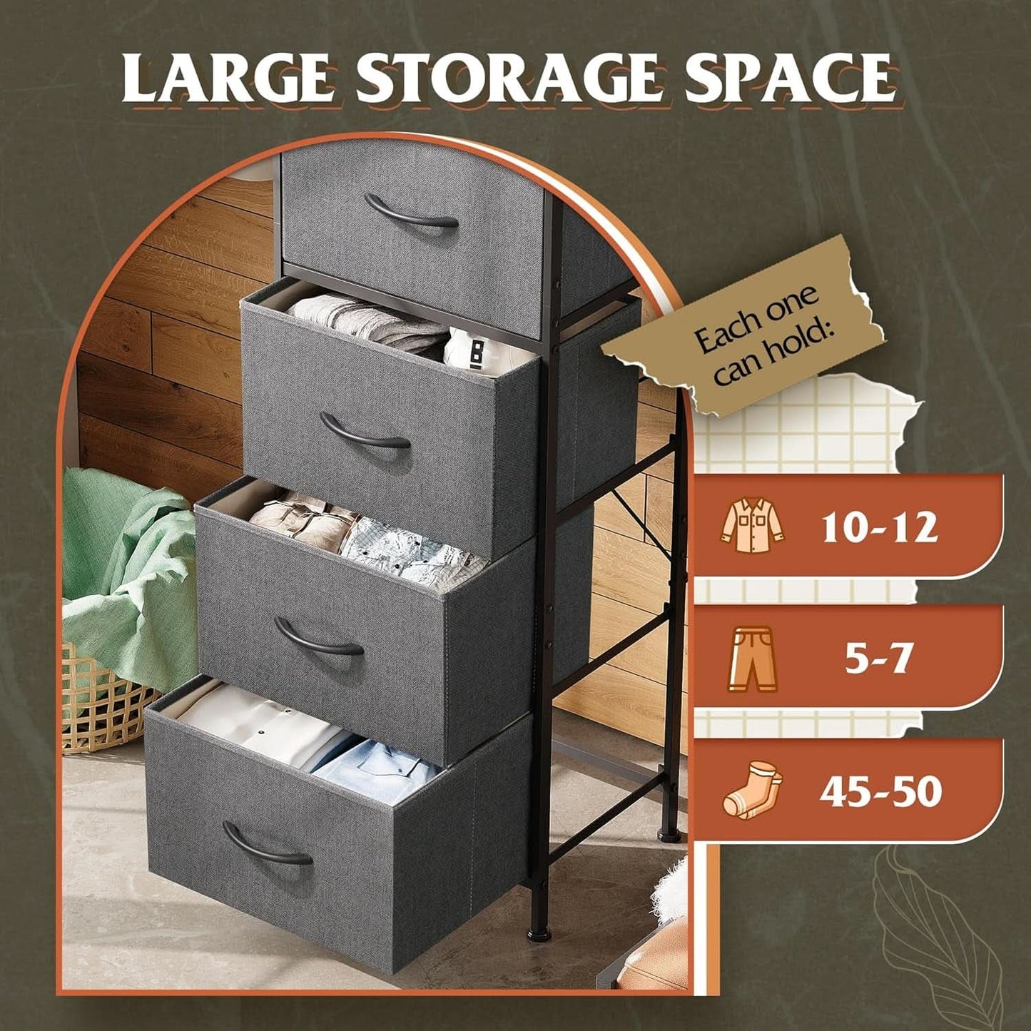 Dark Grey Fabric Dresser 5 Drawer Tall Storage Unit