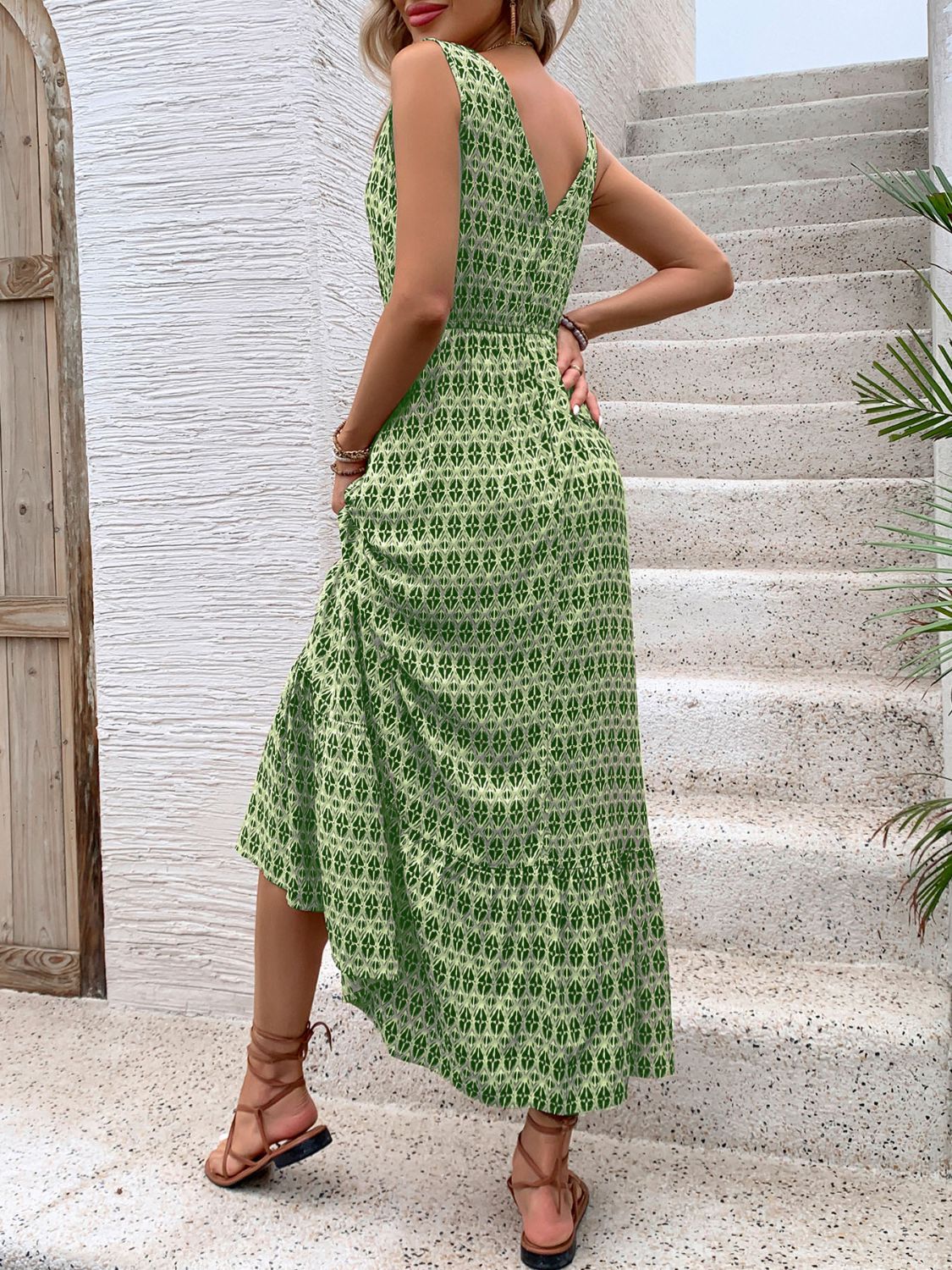 Vintage Printed V-Neck Tie Waist Midi Dress Lightweight Trendy & Elegant Dress for Women