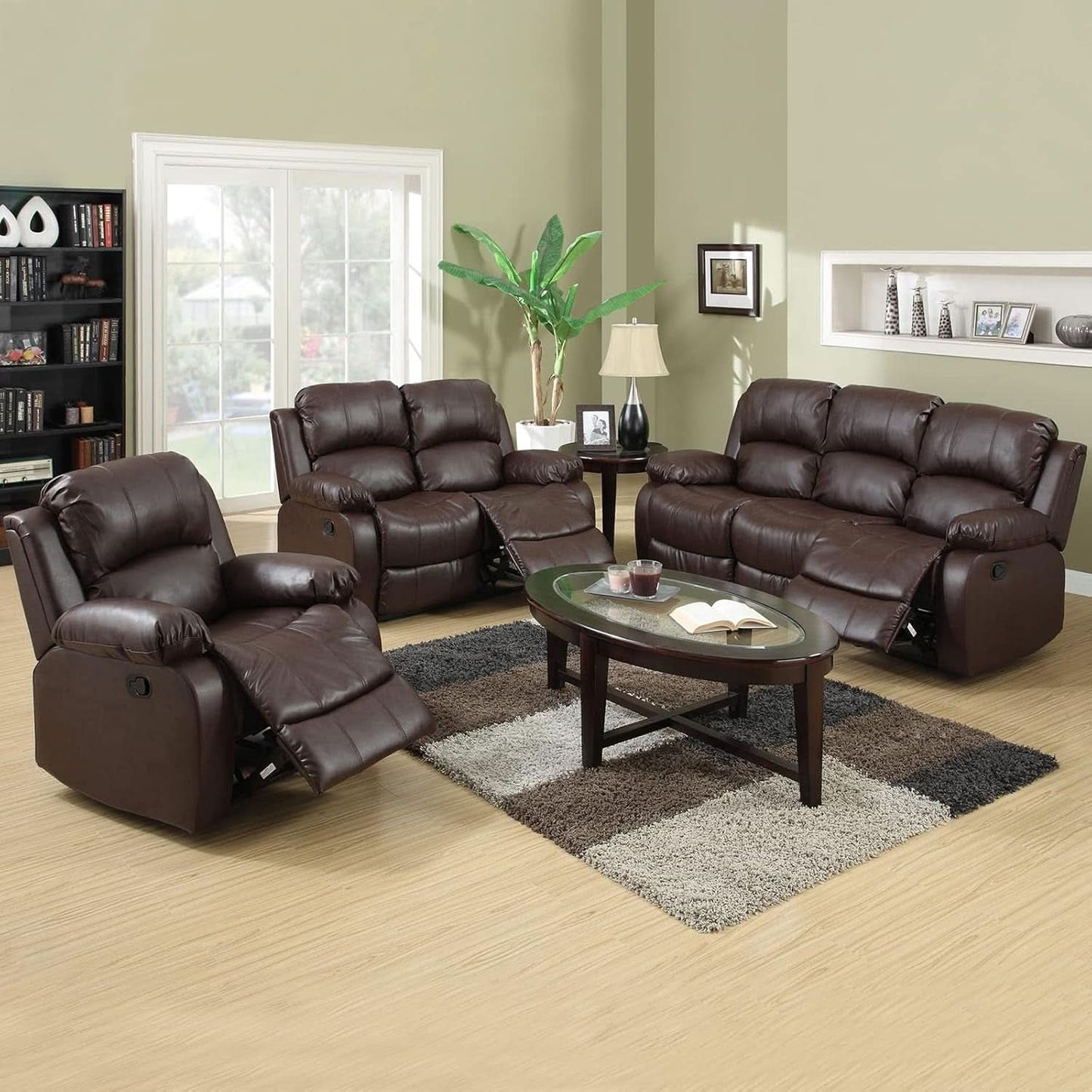 Brown Leather 3 Piece Recliner Sofa Living Room Set