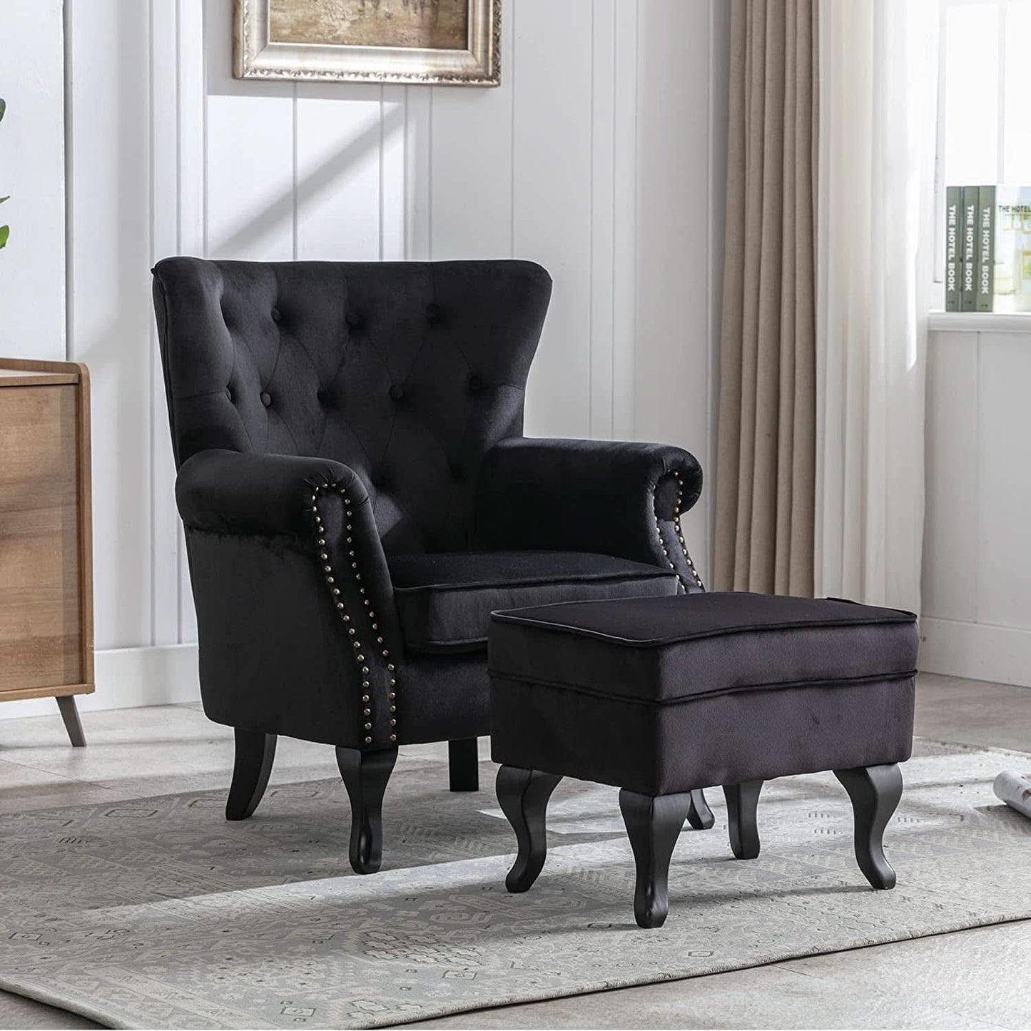 Elegant Black Velvet Wingback Chair With Ottoman Set