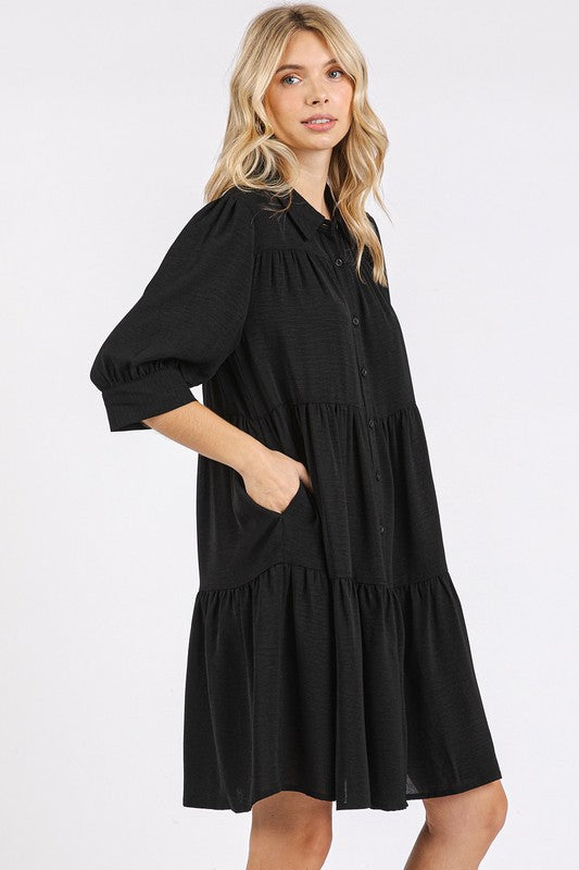 Button Detail Collared Neck Tiered Shirt Dress For Women – Classic Elegant, Fluttering, Chic, and Versatile For Any Occasion