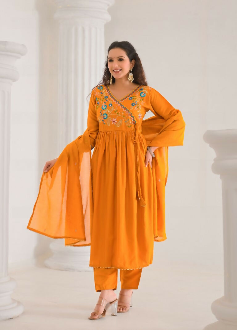 Ethnic Festive Wear Viscose Chanderi orange Stitched Suit With Dupatta - Tanisha